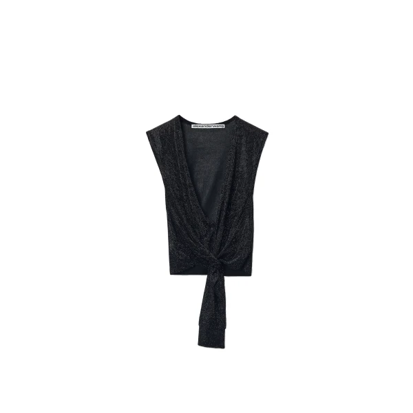 Crystal Hotfix Deep V-Neck Knotted Tank in Black