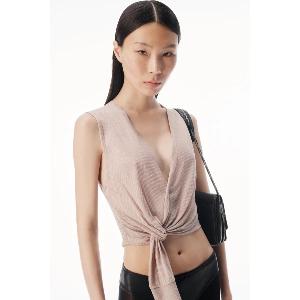 Alexander Wang Crystal Hotfix Deep V-Neck Knotted Tank in Nude | Sleeveless | Coveti