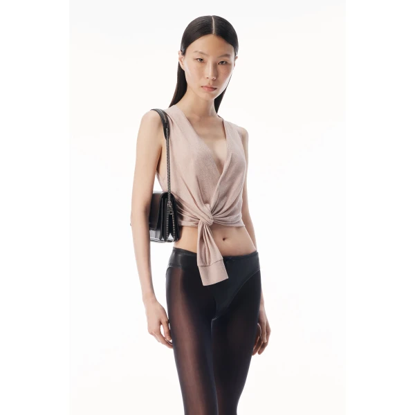 Alexander Wang Crystal Hotfix Deep V-Neck Knotted Tank in Nude | Sleeveless | Coveti