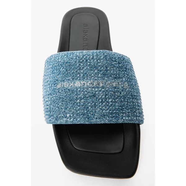 Alexander Wang Crystal Hotfix Denim Pool Slide in Vintage Medium Indigo | Flip Flops & Slides | Coveti