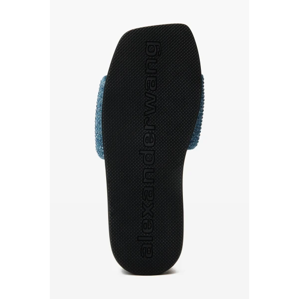 Alexander Wang Crystal Hotfix Denim Pool Slide in Vintage Medium Indigo | Flip Flops & Slides | Coveti