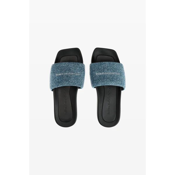 Alexander Wang Crystal Hotfix Denim Pool Slide in Vintage Medium Indigo | Flip Flops & Slides | Coveti