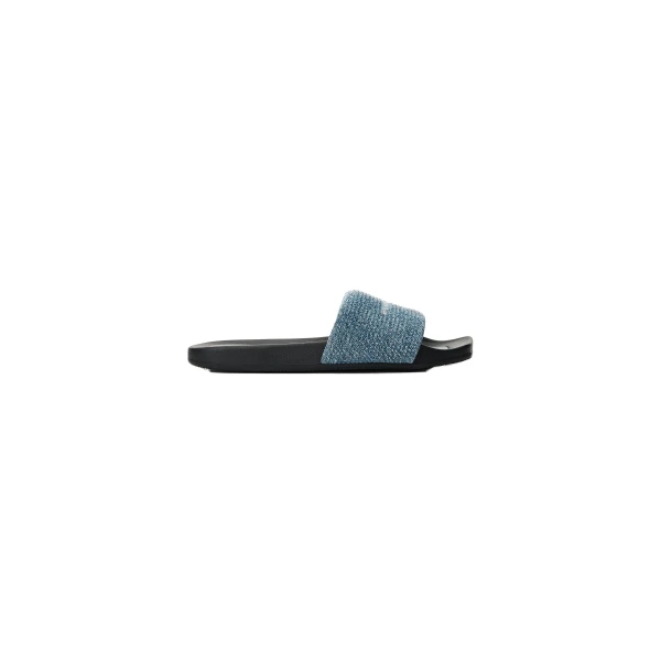 Alexander Wang Crystal Hotfix Denim Pool Slide in Vintage Medium Indigo | Coveti