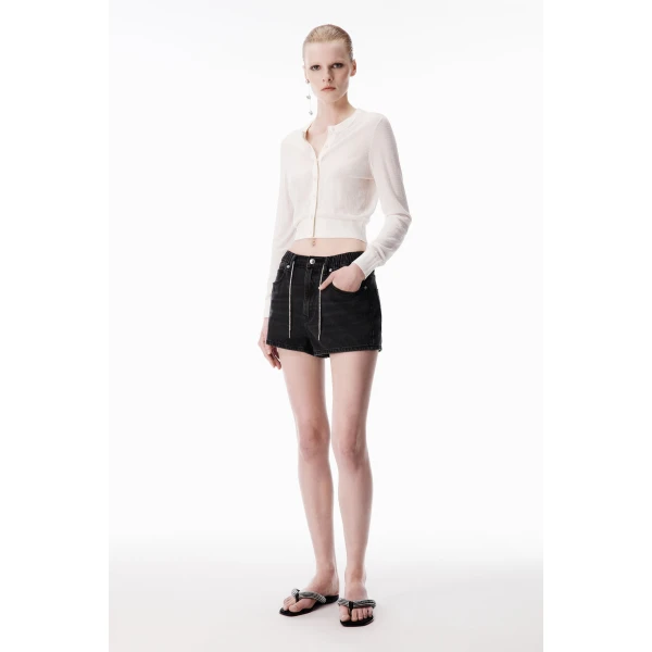 Alexander Wang Crystal Hotfix Drawcord Short in Grey Aged | Denim Shorts | Coveti