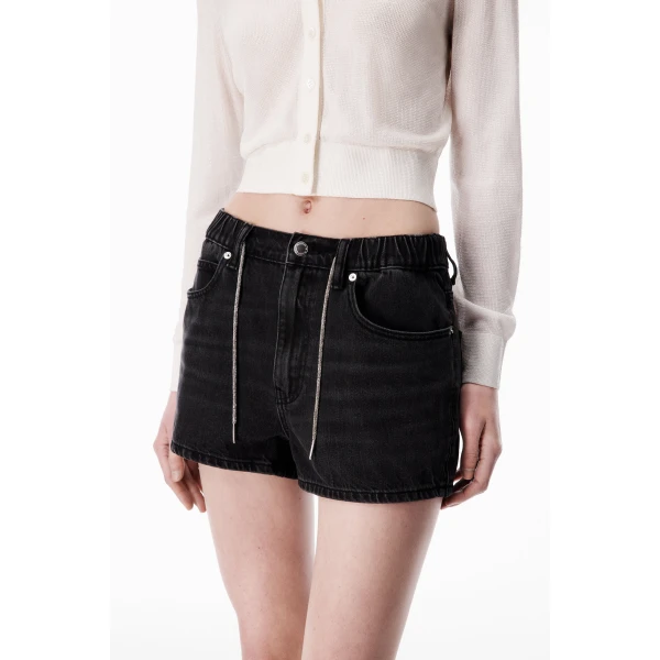 Alexander Wang Crystal Hotfix Drawcord Short in Grey Aged | Denim Shorts | Coveti