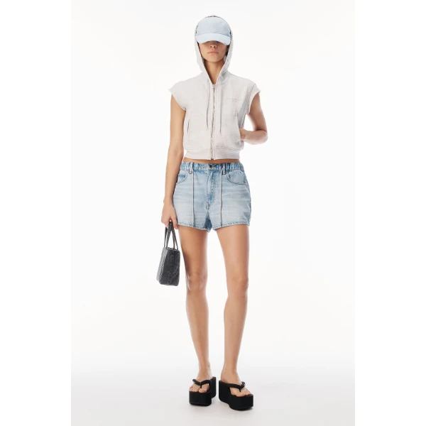 Alexander Wang Crystal Hotfix Drawcord Short in Light Bleach | Denim Shorts | Coveti
