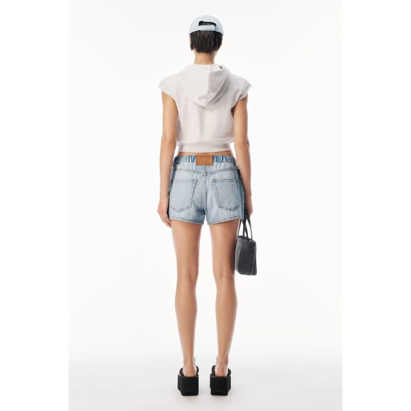 Alexander Wang Crystal Hotfix Drawcord Short in Light Bleach | Denim Shorts | Coveti