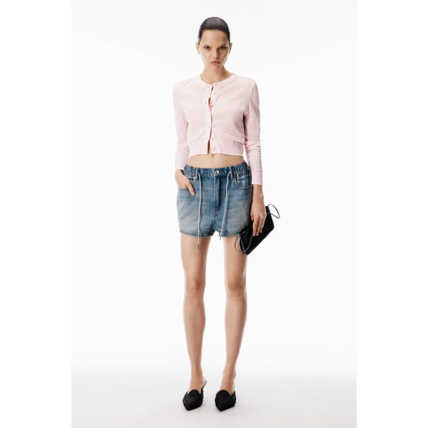 Alexander Wang Crystal Hotfix Drawcord Short in Tinted Medium Indigo | Denim Shorts | Coveti