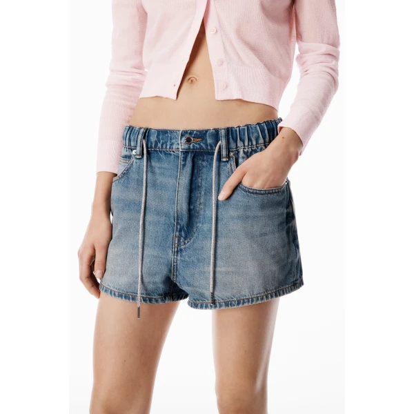 Alexander Wang Crystal Hotfix Drawcord Short in Tinted Medium Indigo | Denim Shorts | Coveti