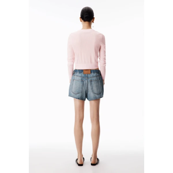 Alexander Wang Crystal Hotfix Drawcord Short in Tinted Medium Indigo | Denim Shorts | Coveti
