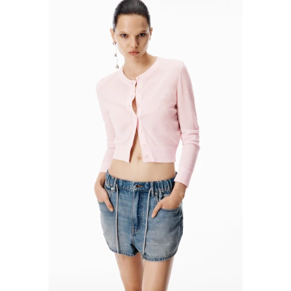 Alexander Wang Crystal Hotfix Drawcord Short in Tinted Medium Indigo | Denim Shorts | Coveti