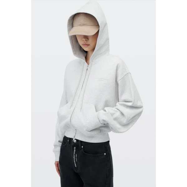 Alexander Wang Crystal Hotfix Fitted Zip-Up Hoodie in Light Heather Grey | Hoodies | Coveti