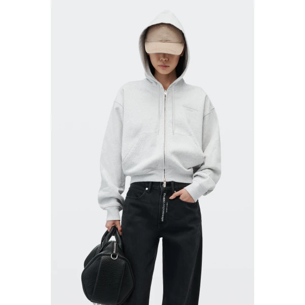 Alexander Wang Crystal Hotfix Fitted Zip-Up Hoodie in Light Heather Grey | Hoodies | Coveti