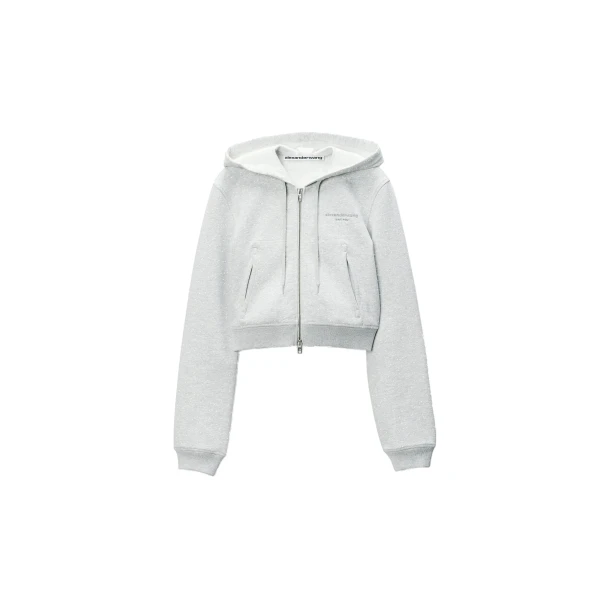 Crystal Hotfix Fitted Zip-Up Hoodie in Light Heather Grey