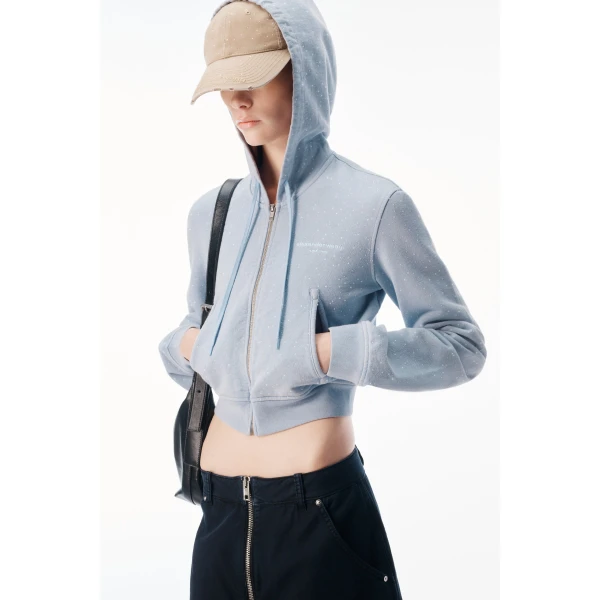 Alexander Wang Crystal Hotfix Fitted Zip-Up Hoodie in Washed Sky | Hoodies | Coveti