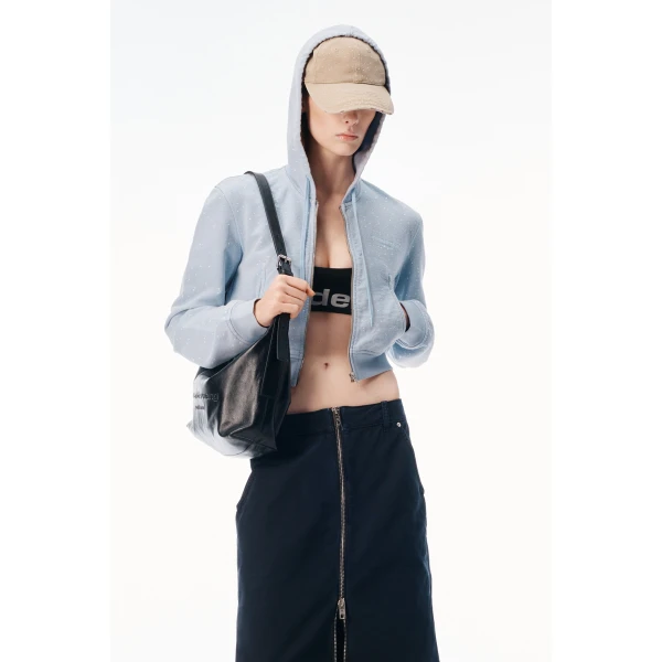 Alexander Wang Crystal Hotfix Fitted Zip-Up Hoodie in Washed Sky | Hoodies | Coveti