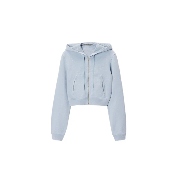 Alexander Wang Crystal Hotfix Fitted Zip-Up Hoodie in Washed Sky | Coveti