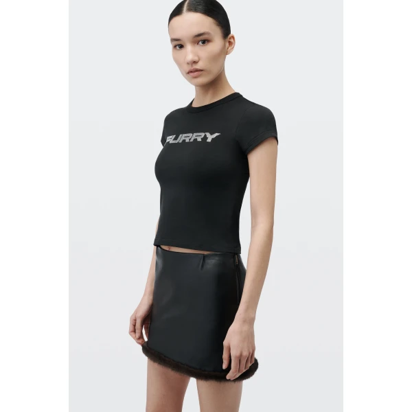 Alexander Wang Crystal Hotfix Furry Graphic Fitted Tee in Black | T-shirts | Coveti