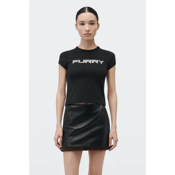 Alexander Wang Crystal Hotfix Furry Graphic Fitted Tee in Black | T-shirts | Coveti