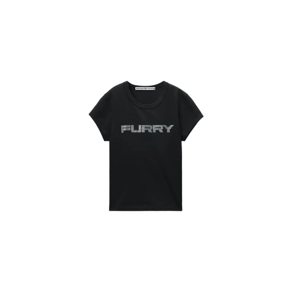 Alexander Wang Crystal Hotfix Furry Graphic Fitted Tee in Black | Coveti