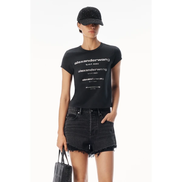 Alexander Wang Crystal Hotfix Gradient Logo Fitted Tee in Washed Black | T-shirts | Coveti