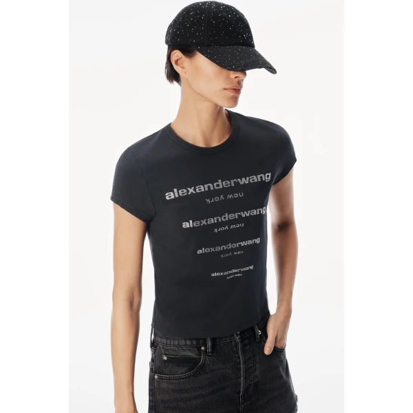 Alexander Wang Crystal Hotfix Gradient Logo Fitted Tee in Washed Black | T-shirts | Coveti