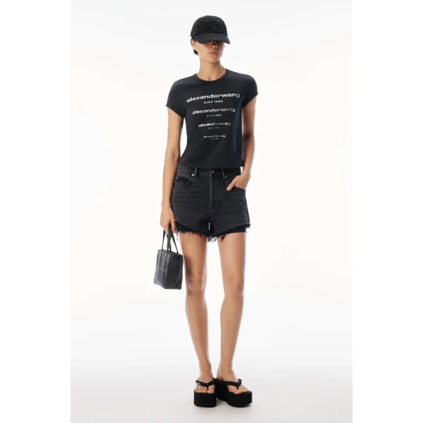 Alexander Wang Crystal Hotfix Gradient Logo Fitted Tee in Washed Black | T-shirts | Coveti