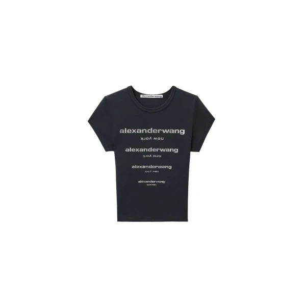 Alexander Wang Crystal Hotfix Gradient Logo Fitted Tee in Washed Black | Coveti