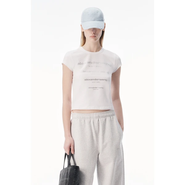 Alexander Wang Crystal Hotfix Gradient Logo Fitted Tee in White | T-shirts | Coveti