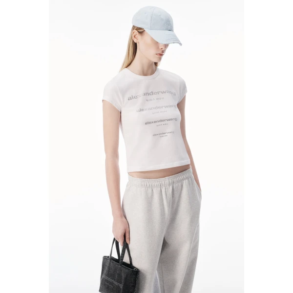 Alexander Wang Crystal Hotfix Gradient Logo Fitted Tee in White | T-shirts | Coveti