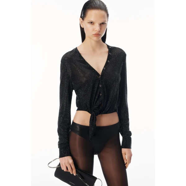 Alexander Wang Crystal Hotfix Knotted Deep V-Neck Cardigan in Black | Cardigan | Coveti