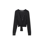 Alexander Wang Crystal Hotfix Knotted Deep V-Neck Cardigan in Black | Coveti