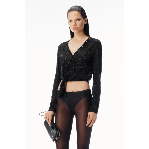 Alexander Wang Crystal Hotfix Knotted Deep V-Neck Cardigan in Black | Cardigan | Coveti
