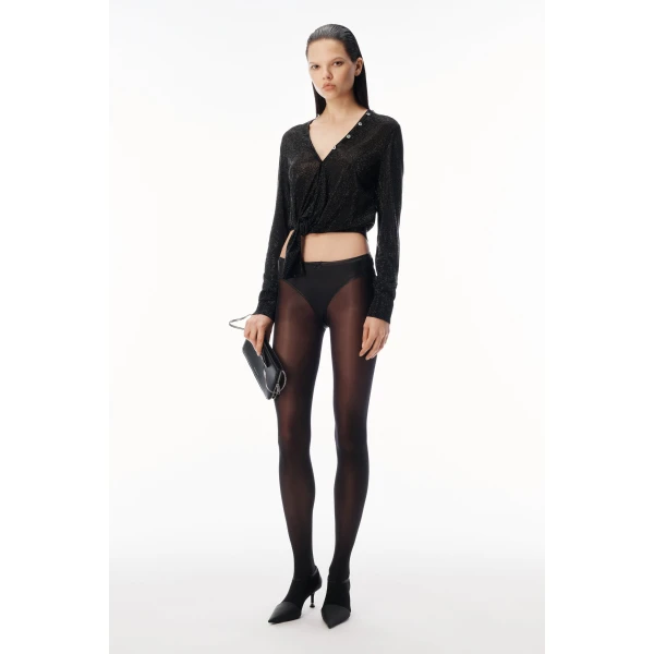 Alexander Wang Crystal Hotfix Knotted Deep V-Neck Cardigan in Black | Cardigan | Coveti