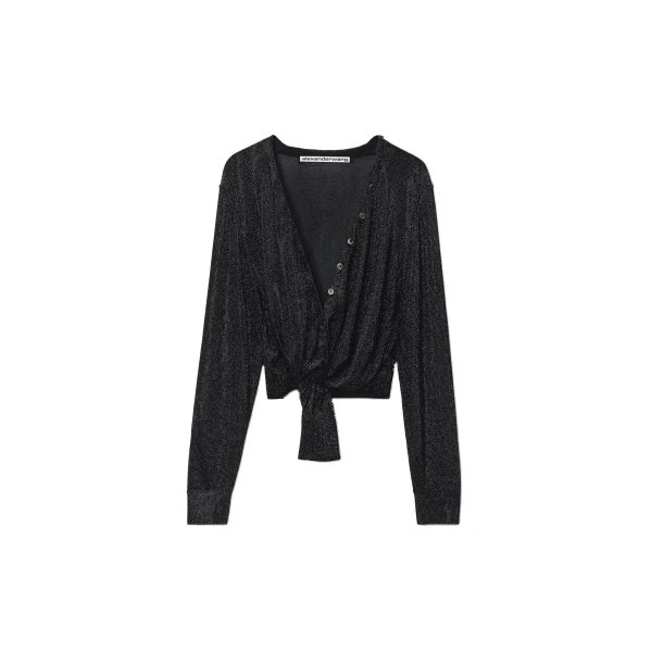 Crystal Hotfix Knotted Deep V-Neck Cardigan in Black