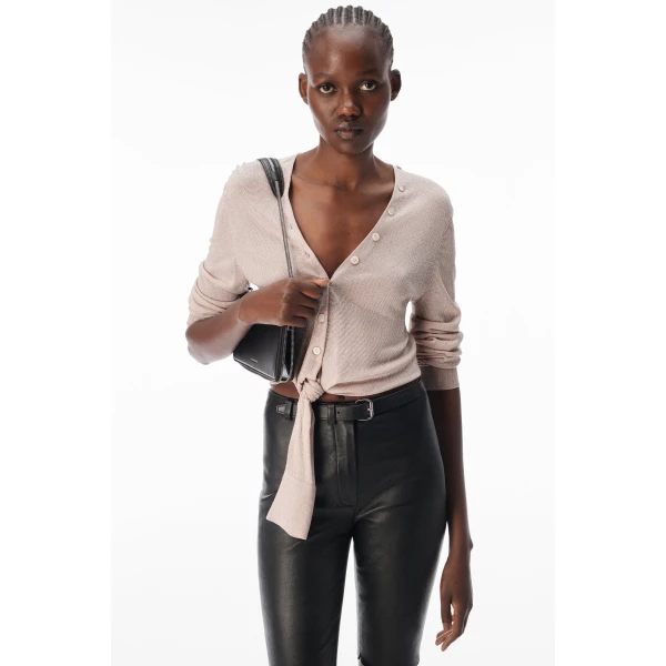 Alexander Wang Crystal Hotfix Knotted Deep V-Neck Cardigan in Nude | Cardigan | Coveti