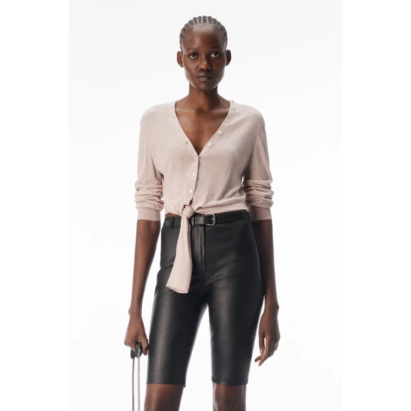 Alexander Wang Crystal Hotfix Knotted Deep V-Neck Cardigan in Nude | Cardigan | Coveti
