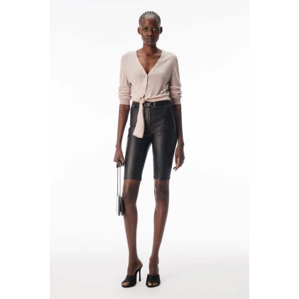 Alexander Wang Crystal Hotfix Knotted Deep V-Neck Cardigan in Nude | Cardigan | Coveti