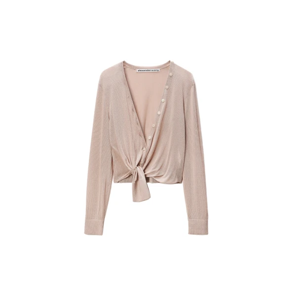 Crystal Hotfix Knotted Deep V-Neck Cardigan in Nude
