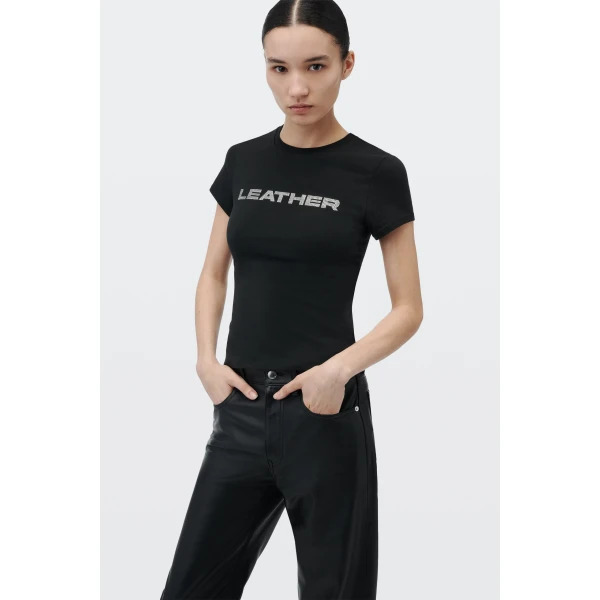 Alexander Wang Crystal Hotfix Leather Graphic Fitted Tee in Black | T-shirts | Coveti