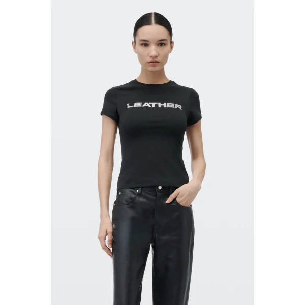 Alexander Wang Crystal Hotfix Leather Graphic Fitted Tee in Black | T-shirts | Coveti