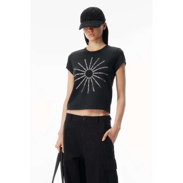 Alexander Wang Crystal Hotfix Pinwheel Fitted Tee in Washed Black | T-shirts | Coveti