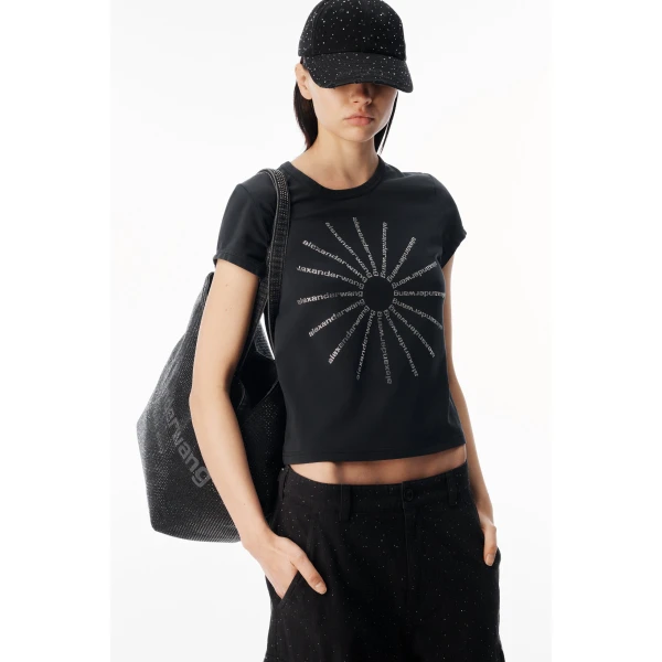 Alexander Wang Crystal Hotfix Pinwheel Fitted Tee in Washed Black | T-shirts | Coveti