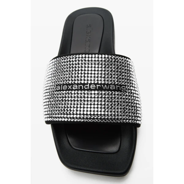 Alexander Wang Crystal Hotfix Pool Slide in Black and Silver | Flip Flops & Slides | Coveti