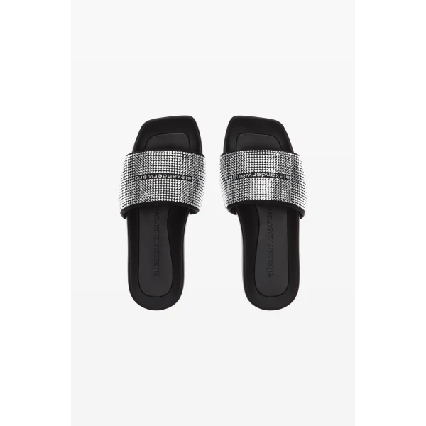 Alexander Wang Crystal Hotfix Pool Slide in Black and Silver | Flip Flops & Slides | Coveti