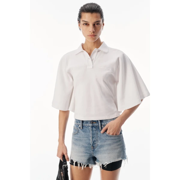Alexander Wang Draped Sleeve Fitted Polo in Vintage White | Short Sleeved | Coveti