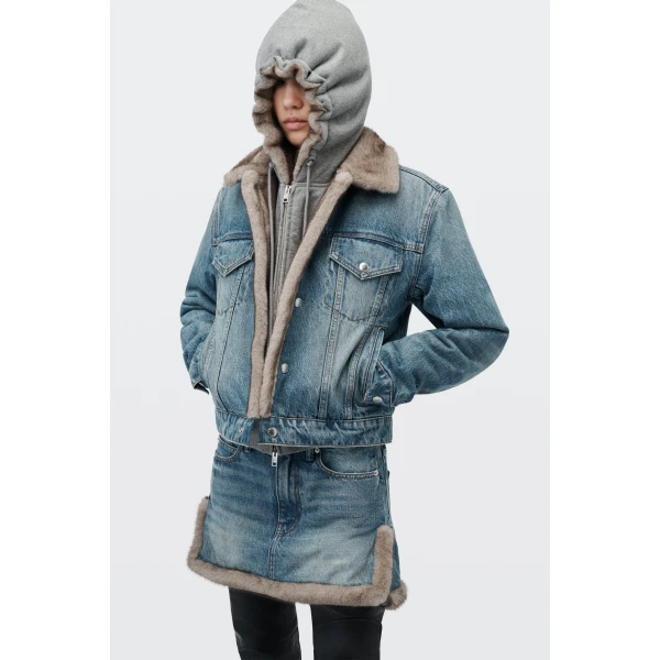 Alexander Wang Faux Fur Lined Denim Jacket in Tinted Medium Indigo | Jackets | Coveti
