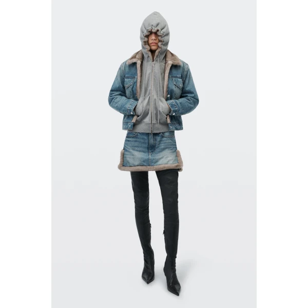 Alexander Wang Faux Fur Lined Denim Jacket in Tinted Medium Indigo | Jackets | Coveti
