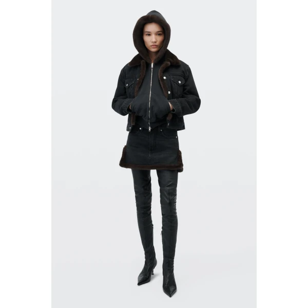 Alexander Wang Faux Fur Trim Denim Skirt in Faded Black | Denim Skirts | Coveti