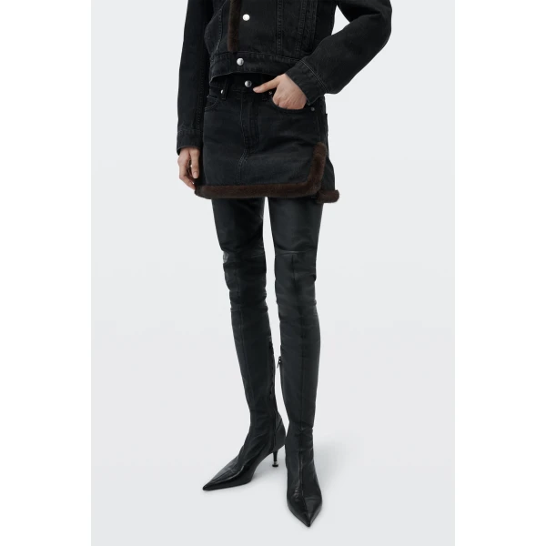 Alexander Wang Faux Fur Trim Denim Skirt in Faded Black | Denim Skirts | Coveti